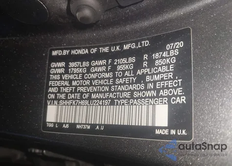 2020 Honda Civic Ex z USA, uszkodzony, nr VIN SHHFK7H69LU224197